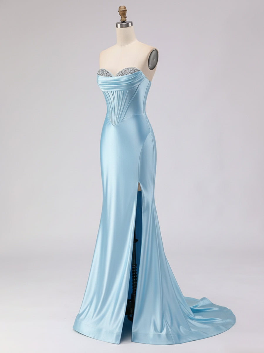 Light Blue Satin Strapless Corset Prom Dress with Slit