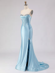 Light Blue Satin Strapless Corset Prom Dress with Slit