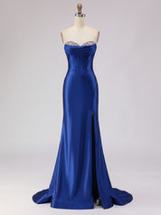 Light Blue Satin Strapless Corset Prom Dress with Slit