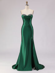 Light Blue Satin Strapless Corset Prom Dress with Slit