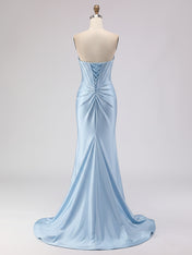 Light Blue Satin Strapless Corset Prom Dress with Slit