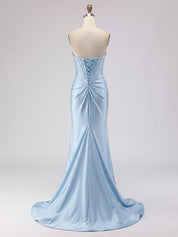 Light Blue Satin Strapless Corset Prom Dress with Slit