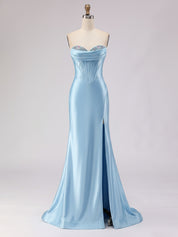 Light Blue Satin Strapless Corset Prom Dress with Slit