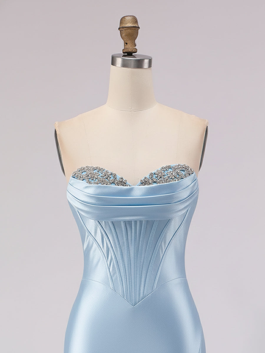 Light Blue Satin Strapless Corset Prom Dress with Slit