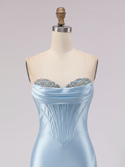 Light Blue Satin Strapless Corset Prom Dress with Slit