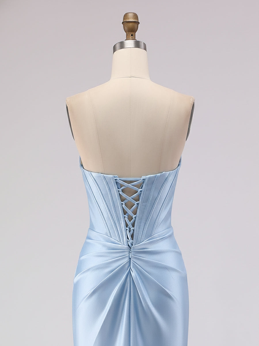 Light Blue Satin Strapless Corset Prom Dress with Slit
