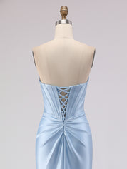 Light Blue Satin Strapless Corset Prom Dress with Slit
