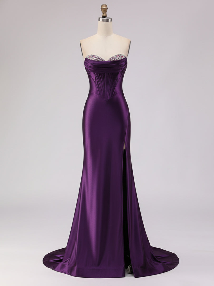 Light Blue Satin Strapless Corset Prom Dress with Slit