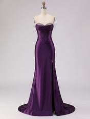 Light Blue Satin Strapless Corset Prom Dress with Slit