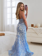 Light Blue Satin Strapless Pearl Beaded Corset Ruched Prom Dress with Slit