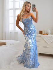 Light Blue Satin Strapless Pearl Beaded Corset Ruched Prom Dress with Slit