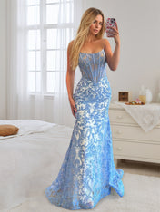 Light Blue Satin Strapless Pearl Beaded Corset Ruched Prom Dress