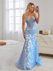 Light Blue Satin Strapless Pearl Beaded Corset Ruched Prom Dress with Slit