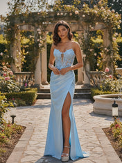 Light Blue Satin Strapless Sheer Floral Lace Corset Prom Dress with Slit