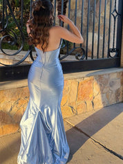 Light Blue Shimmer Heavy Crystal Neckline Corset Prom Dress with High Slit