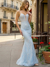 Light Blue Spaghetti Straps Floral Appliqué Corset Mermaid Prom Dress