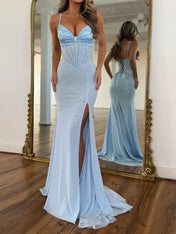 Light Blue Spaghetti Straps Lace-Up Corset Prom Dress with Slit