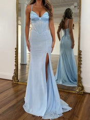 Light Blue Spaghetti Straps Lace-Up Corset Prom Dress with Slit
