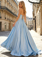 Light Blue Sparkly Strapless A Line Corset Long Prom Dress
