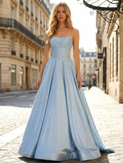 Light Blue Sparkly Strapless A Line Corset Long Prom Dress