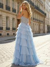 Light Blue Strapless A-Line Corset Prom Dress with Tiered Ruffle Skirt