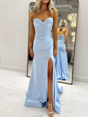Light Blue Strapless Beaded Corset Satin Prom Dress with Slit