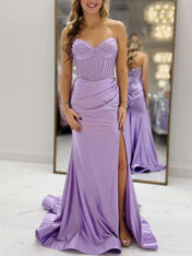 Light Blue Strapless Beaded Corset Satin Prom Dress with Slit