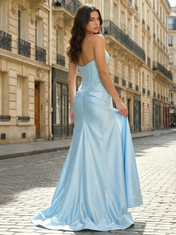 Light Blue Strapless Lace Corset Satin Prom Dress with High Slit