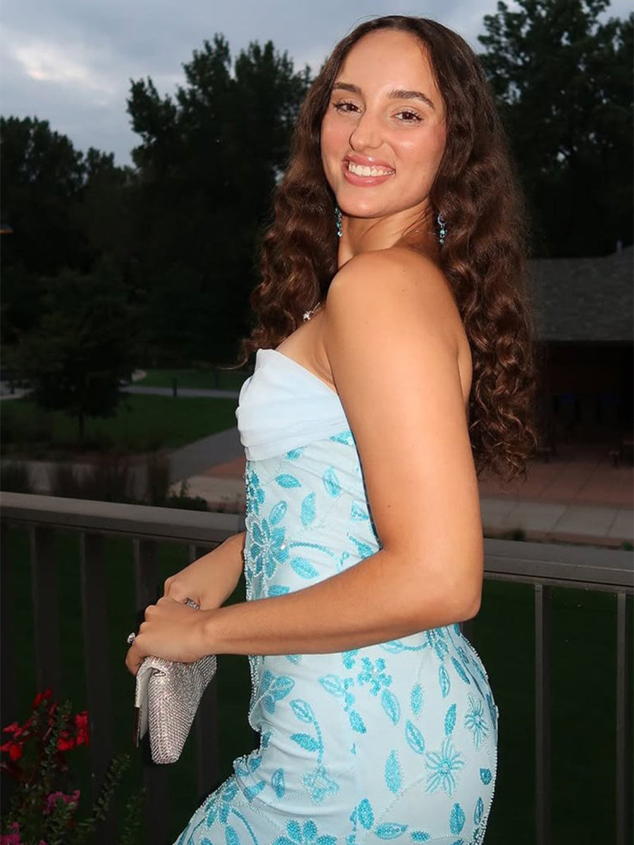 Light Blue Strapless Floral Beaded Prom Dress with Corset Back