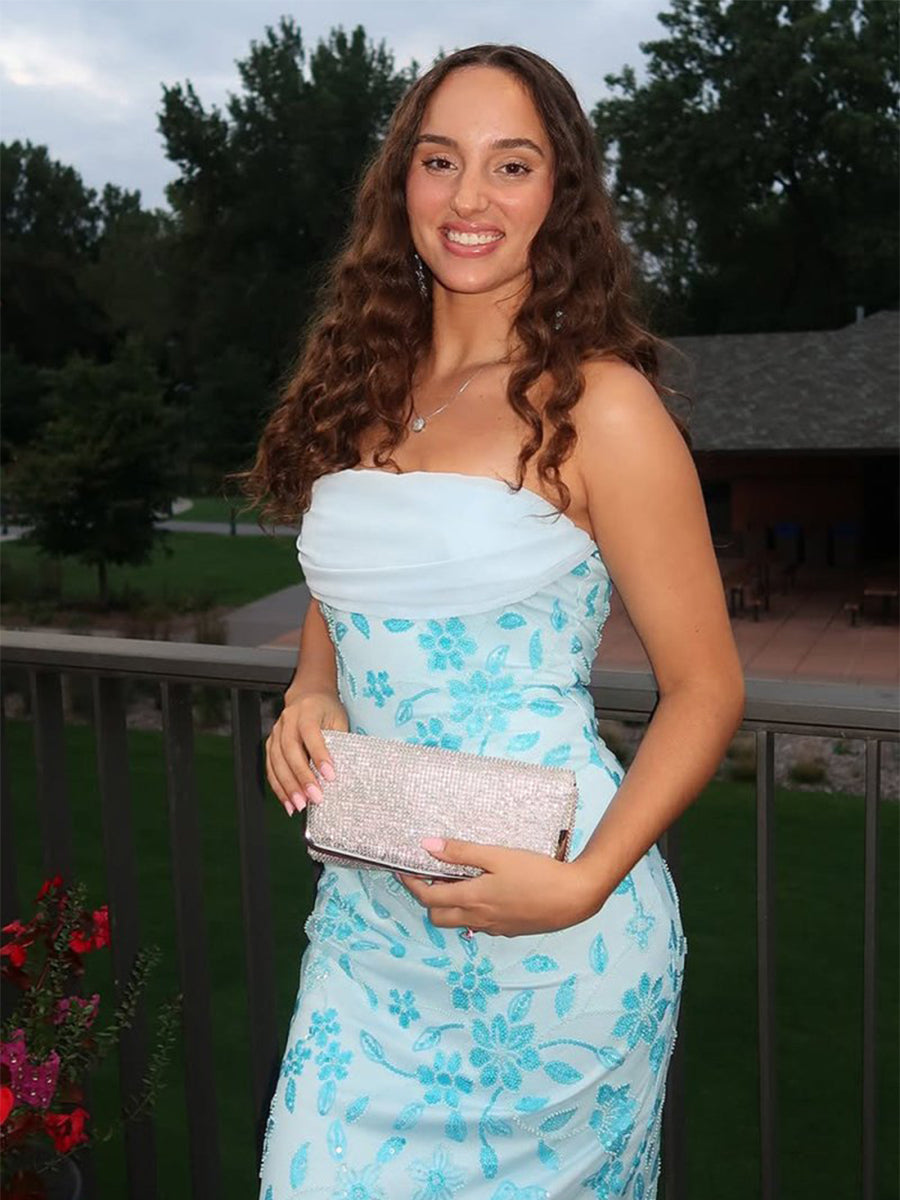 Light Blue Strapless Floral Beaded Prom Dress with Corset Back