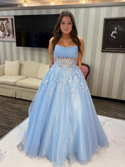 Light Blue Strapless Lace Applique Sheer Corset Prom Dress