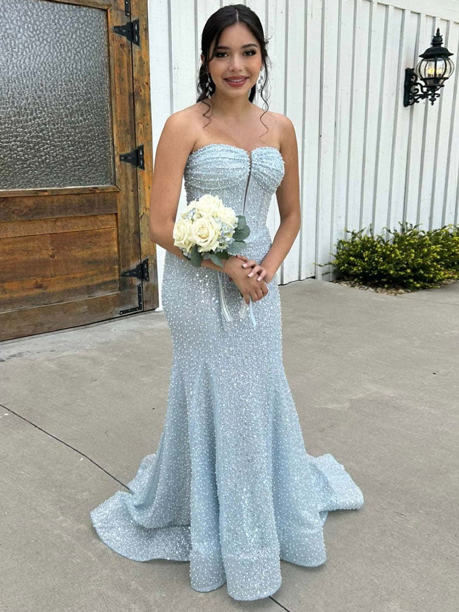 Light Blue Strapless Mermaid Long Prom Dress with Crystal Beading
