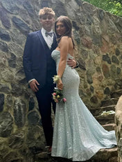 Light Blue Strapless Mermaid Long Prom Dress with Crystal Beading