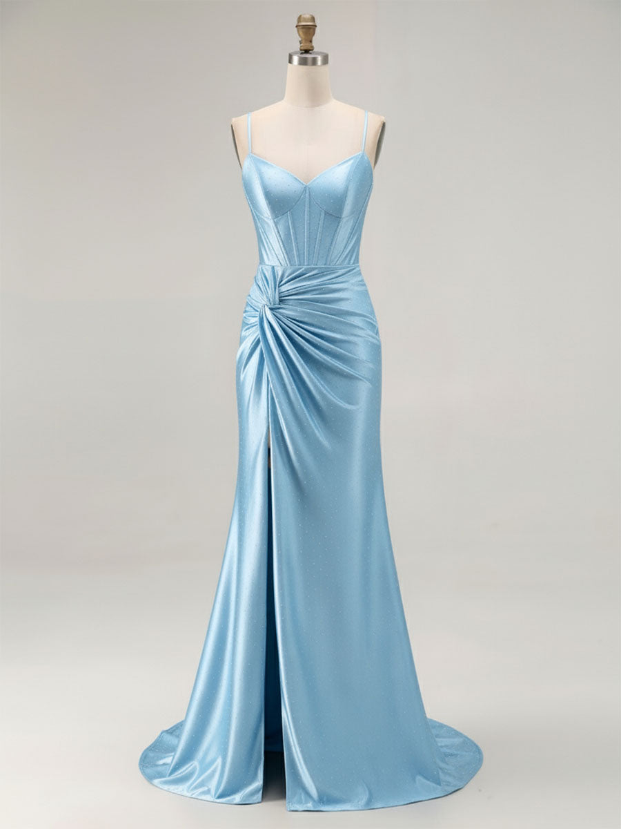 Blue Ruched Corset Mermaid Beaded Long Prom Dress With Slit