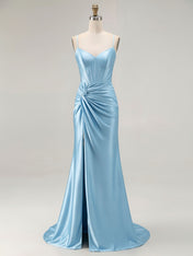 Blue Ruched Corset Mermaid Beaded Long Prom Dress With Slit