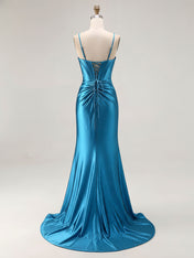 Blue Ruched Corset Mermaid Beaded Long Prom Dress With Slit