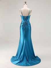 Blue Ruched Corset Mermaid Beaded Long Prom Dress With Slit