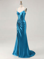 Blue Ruched Corset Mermaid Beaded Long Prom Dress With Slit
