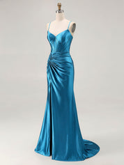 Blue Ruched Corset Mermaid Beaded Long Prom Dress With Slit