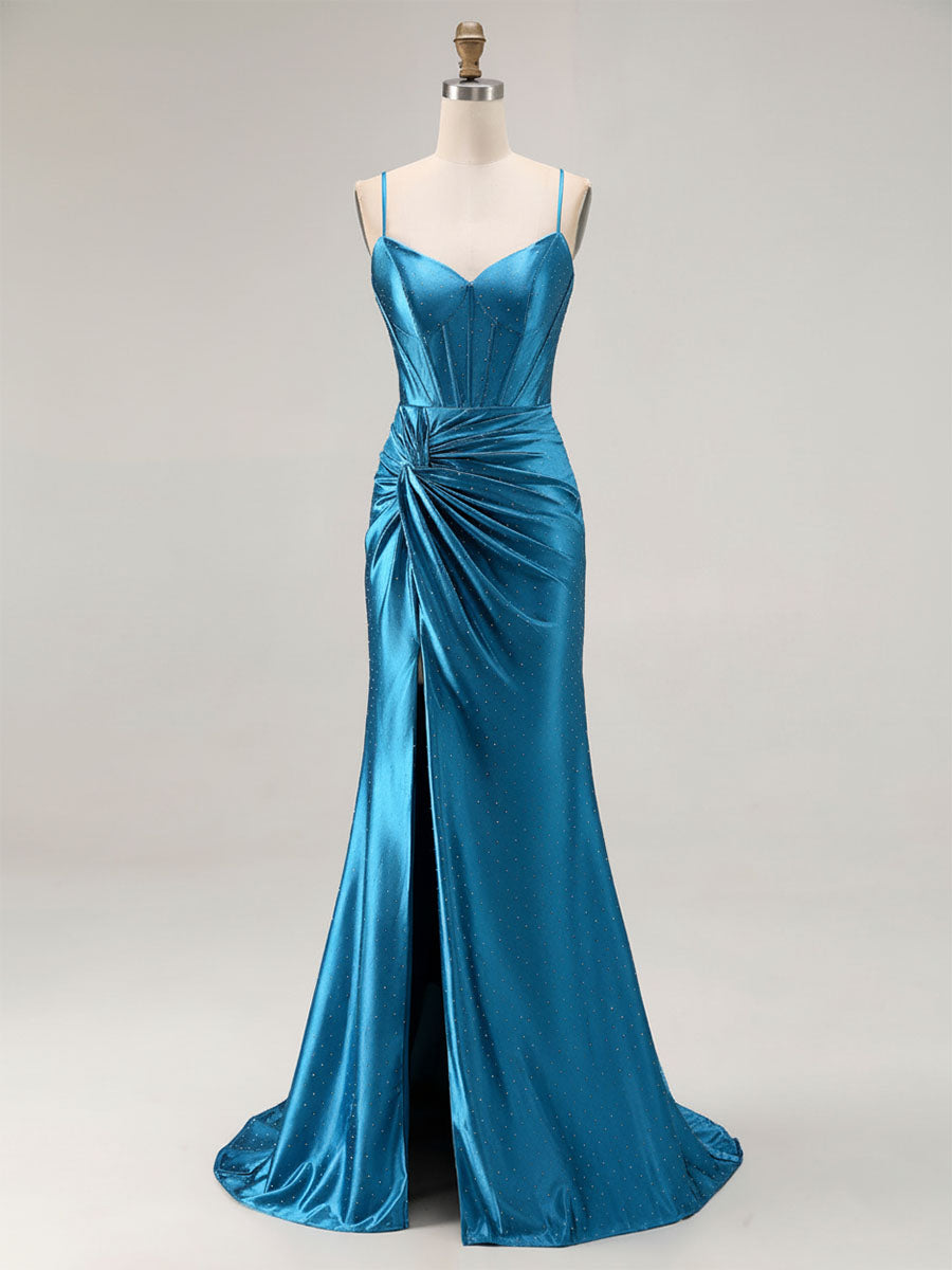 Blue Ruched Corset Mermaid Beaded Long Prom Dress With Slit