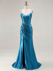 Blue Ruched Corset Mermaid Beaded Long Prom Dress With Slit