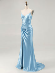 Blue Ruched Corset Mermaid Beaded Long Prom Dress With Slit