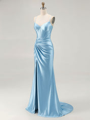 Blue Ruched Corset Mermaid Beaded Long Prom Dress With Slit