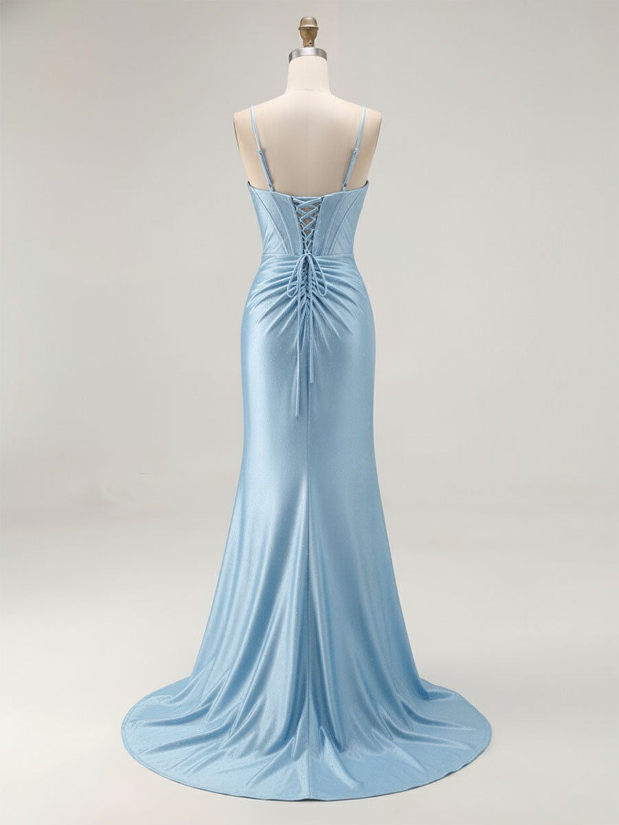 Blue Ruched Corset Mermaid Beaded Long Prom Dress With Slit