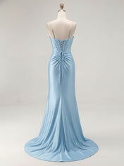 Blue Ruched Corset Mermaid Beaded Long Prom Dress With Slit