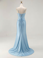 Blue Ruched Corset Mermaid Beaded Long Prom Dress With Slit