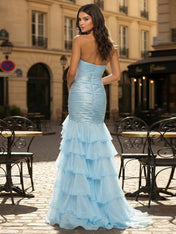 Light Blue Strapless Ruffle Mermaid Long Prom Dress with Bow