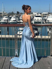 Light Blue Strapless Satin Corset Long Prom Dress with Slit