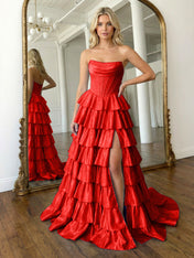 Light Blue Sequins Strapless Tiered Long Prom Dress with Slit