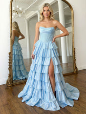 Light Blue Sequins Strapless Tiered Long Prom Dress with Slit